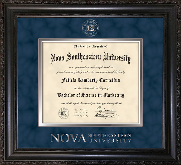 Image of Nova Southeastern University Diploma Frame - Mezzo Gloss - w/Silver Embossed NSU Seal & Wordmark - Navy Suede on Silver mat