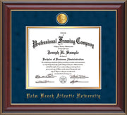 Image of Palm Beach Atlantic University Diploma Frame - Cherry Lacquer - w/24k Gold-Plated Medallion PBA Name Embossing - Navy Suede on Gold mats