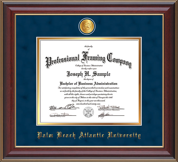 Image of Palm Beach Atlantic University Diploma Frame - Cherry Lacquer - w/24k Gold-Plated Medallion PBA Name Embossing - Navy Suede on Gold mats