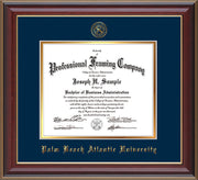 Image of Palm Beach Atlantic University Diploma Frame - Cherry Lacquer - w/Embossed Seal & Name - Navy on Gold mats