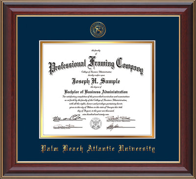 Image of Palm Beach Atlantic University Diploma Frame - Cherry Lacquer - w/Embossed Seal & Name - Navy on Gold mats
