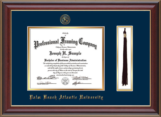 Image of Palm Beach Atlantic University Diploma Frame - Cherry Lacquer - w/Embossed Seal & Name - Tassel Holder - Navy on Gold mats