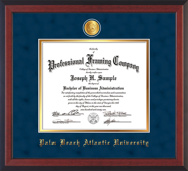 Image of Palm Beach Atlantic University Diploma Frame - Cherry Reverse - w/24k Gold-Plated Medallion PBA Name Embossing - Navy Suede on Gold mats