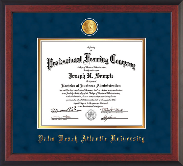 Image of Palm Beach Atlantic University Diploma Frame - Cherry Reverse - w/24k Gold-Plated Medallion PBA Name Embossing - Navy Suede on Gold mats