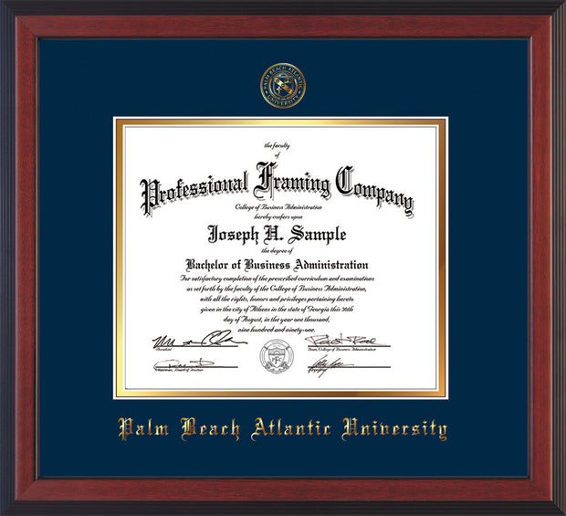 Image of Palm Beach Atlantic University Diploma Frame - Cherry Reverse - w/Embossed Seal & Name - Navy on Gold mats