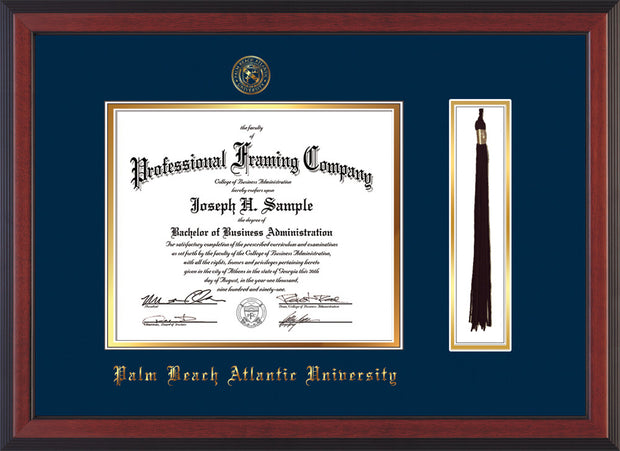 Image of Palm Beach Atlantic University Diploma Frame - Cherry Reverse - w/Embossed Seal & Name - Tassel Holder - Navy on Gold mats