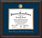 Image of Palm Beach Atlantic University Diploma Frame - Mahogany Braid - w/24k Gold-Plated Medallion PBA Name Embossing - Navy Suede on Gold mats