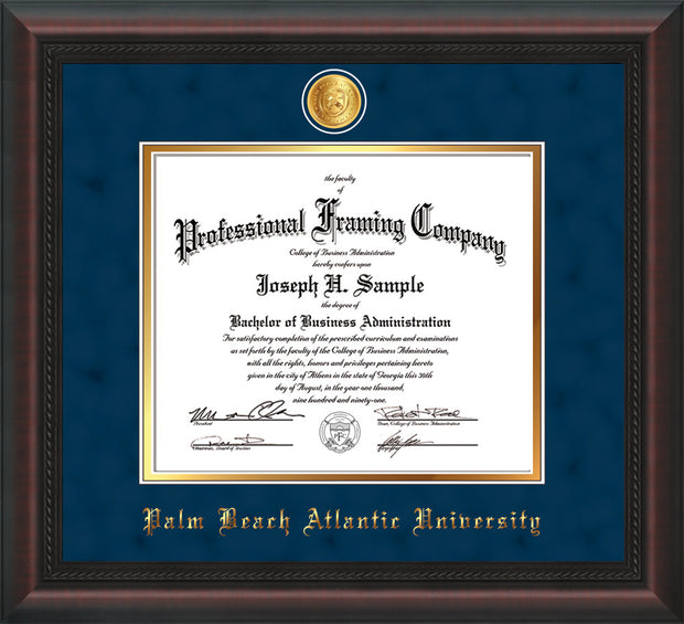 Image of Palm Beach Atlantic University Diploma Frame - Mahogany Braid - w/24k Gold-Plated Medallion PBA Name Embossing - Navy Suede on Gold mats