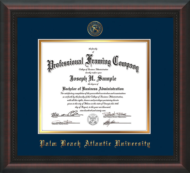 Image of Palm Beach Atlantic University Diploma Frame - Mahogany Braid - w/Embossed Seal & Name - Navy on Gold mats