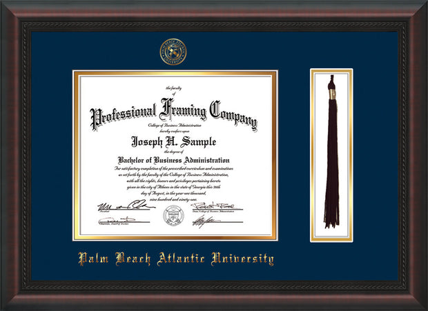 Image of Palm Beach Atlantic University Diploma Frame - Mahogany Braid - w/Embossed Seal & Name - Tassel Holder - Navy on Gold mats