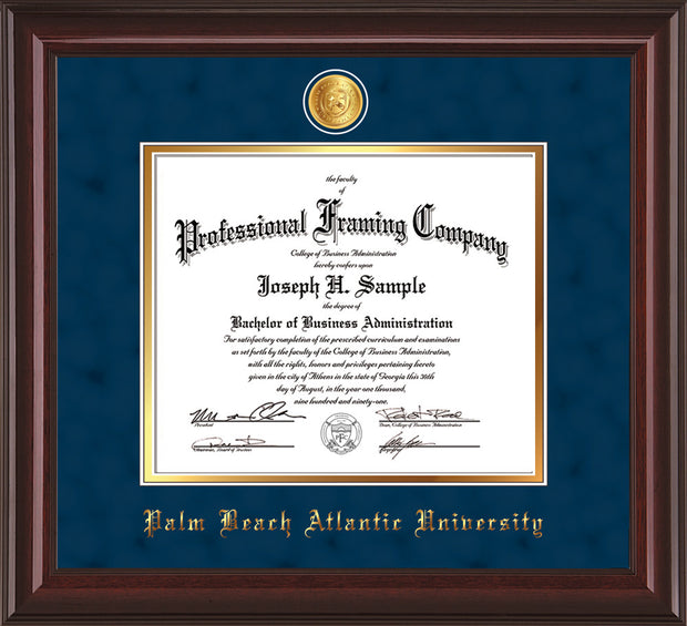 Image of Palm Beach Atlantic University Diploma Frame - Mahogany Lacquer - w/24k Gold-Plated Medallion PBA Name Embossing - Navy Suede on Gold mats