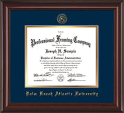 Image of Palm Beach Atlantic University Diploma Frame - Mahogany Lacquer - w/Embossed Seal & Name - Navy on Gold mats