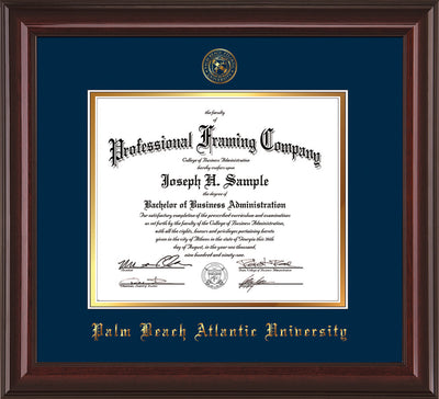 Image of Palm Beach Atlantic University Diploma Frame - Mahogany Lacquer - w/Embossed Seal & Name - Navy on Gold mats