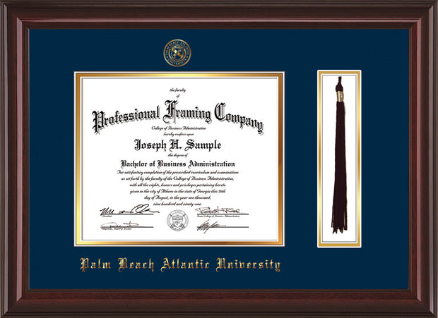 Image of Palm Beach Atlantic University Diploma Frame - Mahogany Lacquer - w/Embossed Seal & Name - Tassel Holder - Navy on Gold mats