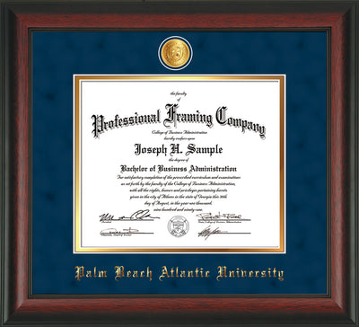 Image of Palm Beach Atlantic University Diploma Frame - Rosewood - w/24k Gold-Plated Medallion PBA Name Embossing - Navy Suede on Gold mats