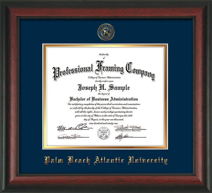 Image of Palm Beach Atlantic University Diploma Frame - Rosewood - w/Embossed Seal & Name - Navy on Gold mats