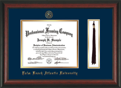 Image of Palm Beach Atlantic University Diploma Frame - Rosewood - w/Embossed Seal & Name - Tassel Holder - Navy on Gold mats