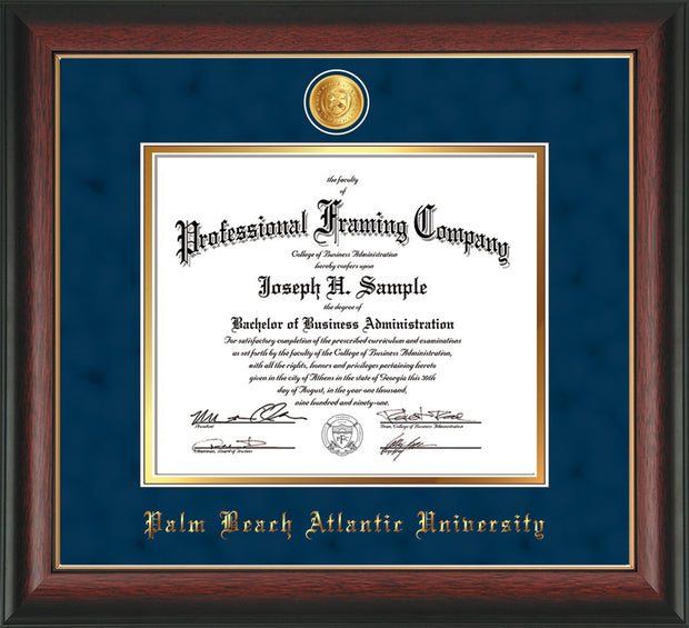 Image of Palm Beach Atlantic University Diploma Frame - Rosewood w/Gold Lip - w/24k Gold-Plated Medallion PBA Name Embossing - Navy Suede on Gold mats