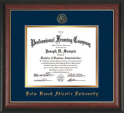 Image of Palm Beach Atlantic University Diploma Frame - Rosewood w/Gold Lip - w/Embossed Seal & Name - Navy on Gold mats