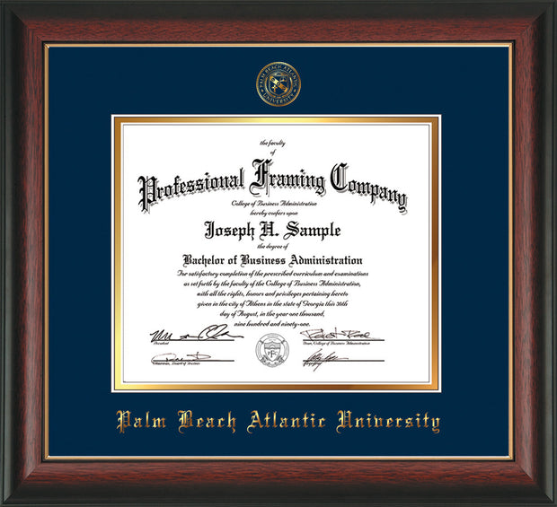 Image of Palm Beach Atlantic University Diploma Frame - Rosewood w/Gold Lip - w/Embossed Seal & Name - Navy on Gold mats