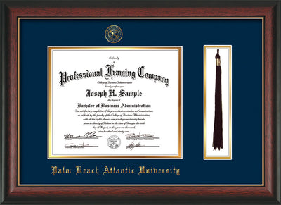 Image of Palm Beach Atlantic University Diploma Frame - Rosewood w/Gold Lip - w/Embossed Seal & Name - Tassel Holder - Navy on Gold mats