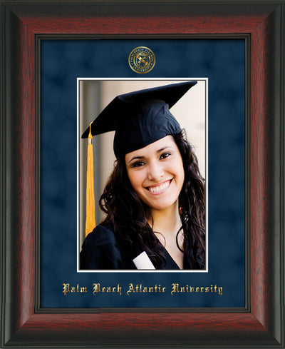 Image of Palm Beach Atlantic University 5 x 7 Photo Frame - Rosewood - w/Official Embossing of PBA Seal & Name - Single Navy Suede mat