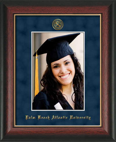 Image of Palm Beach Atlantic University 5 x 7 Photo Frame - Rosewood w/Gold Lip - w/Official Embossing of PBA Seal & Name - Single Navy Suede mat