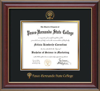 Image of Pasco-Hernando State College Diploma Frame - Cherry Lacquer - w/Embossed PHSC Seal & Name - Black on Gold mat