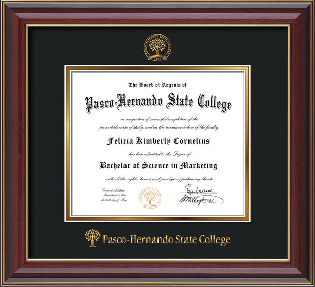 Image of Pasco-Hernando State College Diploma Frame - Cherry Lacquer - w/Embossed PHSC Seal & Name - Black on Gold mat