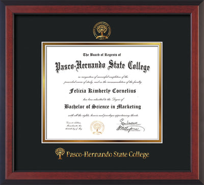 Image of Pasco-Hernando State College Diploma Frame - Cherry Reverse - w/Embossed PHSC Seal & Name - Black on Gold mat