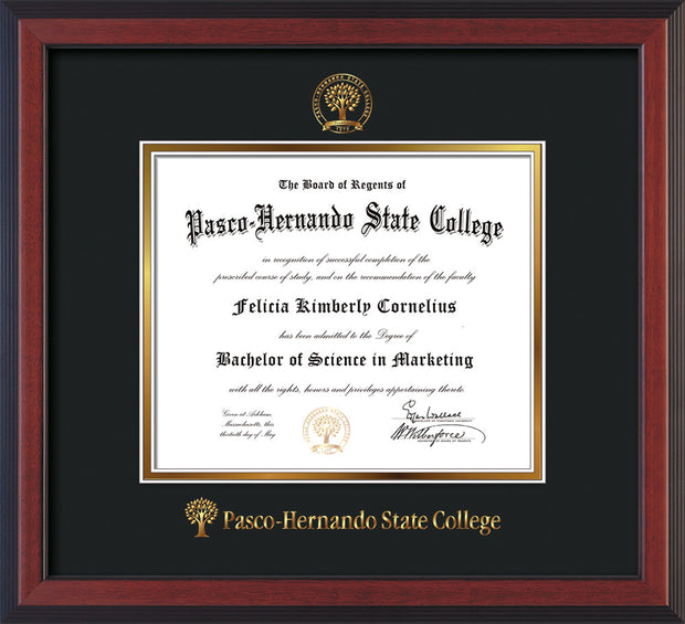 Image of Pasco-Hernando State College Diploma Frame - Cherry Reverse - w/Embossed PHSC Seal & Name - Black on Gold mat