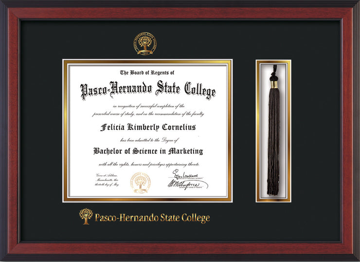 Image of Pasco-Hernando State College Diploma Frame - Cherry Reverse - w/Embossed PHSC Seal & Name - Tassel Holder - Black on Gold mat