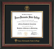 Image of Pasco-Hernando State College Diploma Frame - Rosewood w/Gold Lip - w/Embossed PHSC Seal & Name - Black on Gold mat