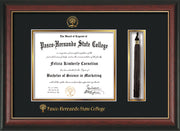 Image of Pasco-Hernando State College Diploma Frame - Rosewood w/Gold Lip - w/Embossed PHSC Seal & Name - Tassel Holder - Black on Gold mat