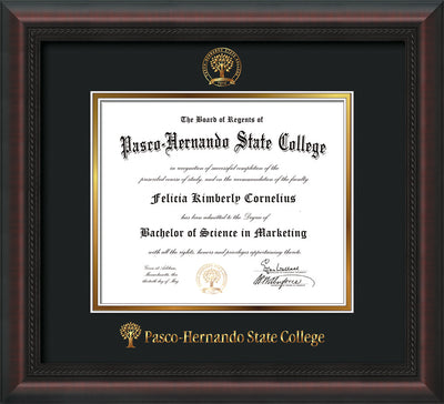Image of Pasco-Hernando State College Diploma Frame - Mahogany Braid - w/Embossed PHSC Seal & Name - Black on Gold mat