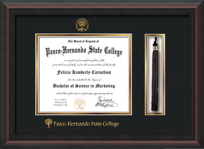 Image of Pasco-Hernando State College Diploma Frame - Mahogany Braid - w/Embossed PHSC Seal & Name - Tassel Holder - Black on Gold mat