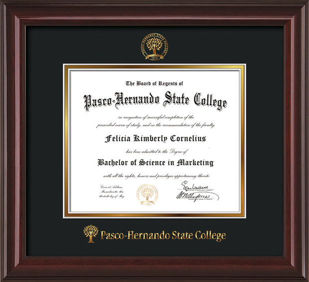 Image of Pasco-Hernando State College Diploma Frame - Mahogany Lacquer - w/Embossed PHSC Seal & Name - Black on Gold mat