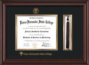 Image of Pasco-Hernando State College Diploma Frame - Mahogany Lacquer - w/Embossed PHSC Seal & Name - Tassel Holder - Black on Gold mat