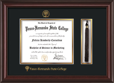 Image of Pasco-Hernando State College Diploma Frame - Mahogany Lacquer - w/Embossed PHSC Seal & Name - Tassel Holder - Black on Gold mat