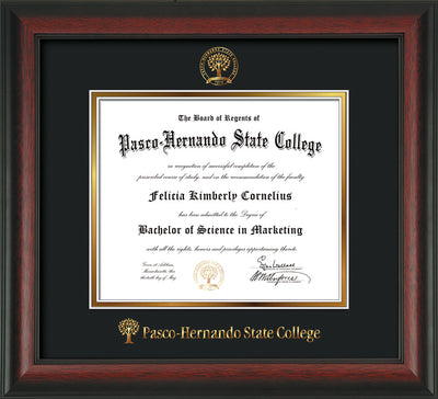 Image of Pasco-Hernando State College Diploma Frame - Rosewood - w/Embossed PHSC Seal & Name - Black on Gold mat