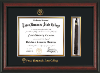 Image of Pasco-Hernando State College Diploma Frame - Rosewood - w/Embossed PHSC Seal & Name - Tassel Holder - Black on Gold mat