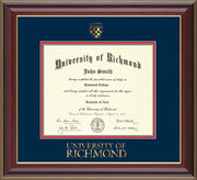 Image of University of Richmond Diploma Frame - Cherry Lacquer - w/Embossed Seal & Wordmark - Navy on Red mats