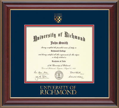 Image of University of Richmond Diploma Frame - Cherry Lacquer - w/Embossed Seal & Wordmark - Navy on Red mats