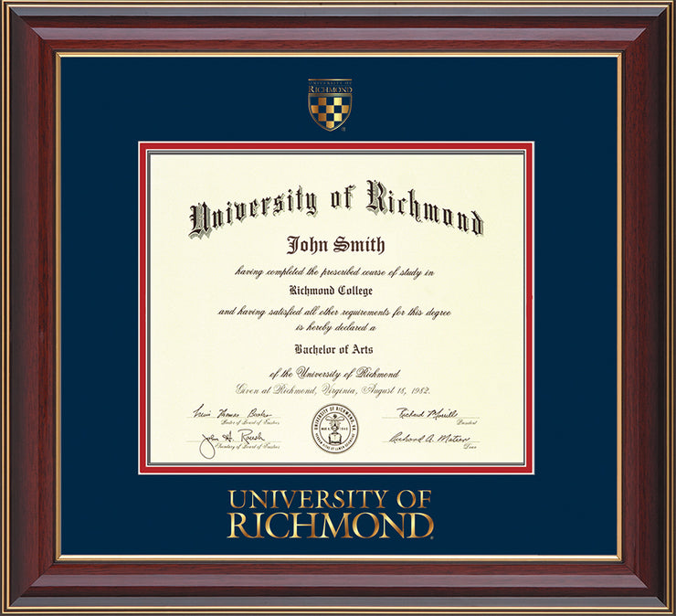 Image of University of Richmond Diploma Frame - Cherry Lacquer - w/Embossed Seal & Wordmark - Navy on Red mats