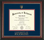 Image of University of Richmond Diploma Frame - Rosewood w/Gold Lip - w/Embossed Seal & Wordmark - Navy on Red mats