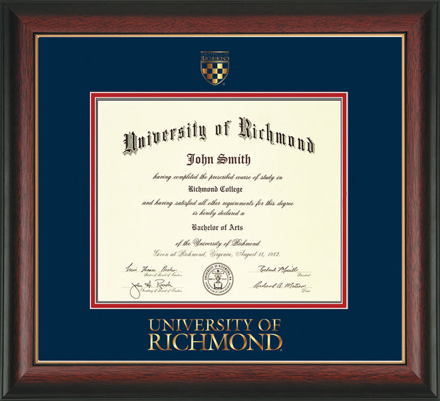 Image of University of Richmond Diploma Frame - Rosewood w/Gold Lip - w/Embossed Seal & Wordmark - Navy on Red mats