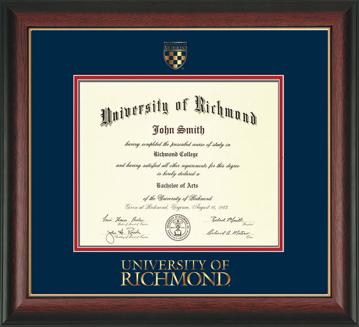 Image of University of Richmond Diploma Frame - Rosewood w/Gold Lip - w/Embossed Seal & Wordmark - Navy on Red mats