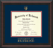 Image of University of Richmond Diploma Frame - Mahogany Braid - w/Embossed Seal & Wordmark - Navy on Red mats