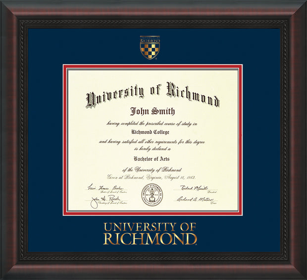 Image of University of Richmond Diploma Frame - Mahogany Braid - w/Embossed Seal & Wordmark - Navy on Red mats