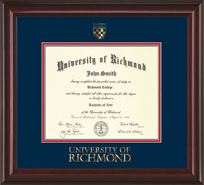 Image of University of Richmond Diploma Frame - Mahogany Lacquer - w/Embossed Seal & Wordmark - Navy on Red mats - LAW